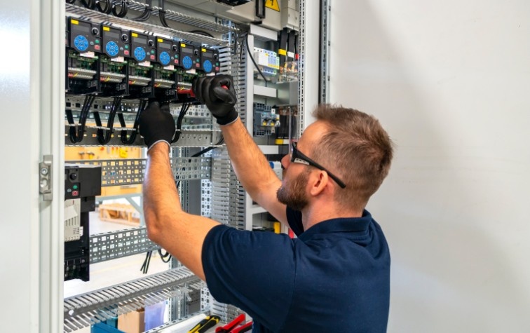 An electrical technician wearing safety glasses and black gloves works on an industrial control panel with multiple circuit components and wiring